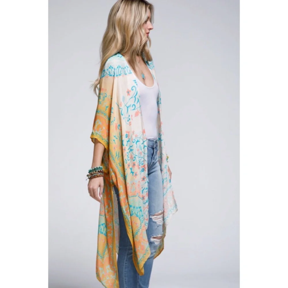 SOLD OUT Amelia Floral Mandala Motif Ombre Spring Summer Kimono Wrap Coverup Top - Picture 4 of 5